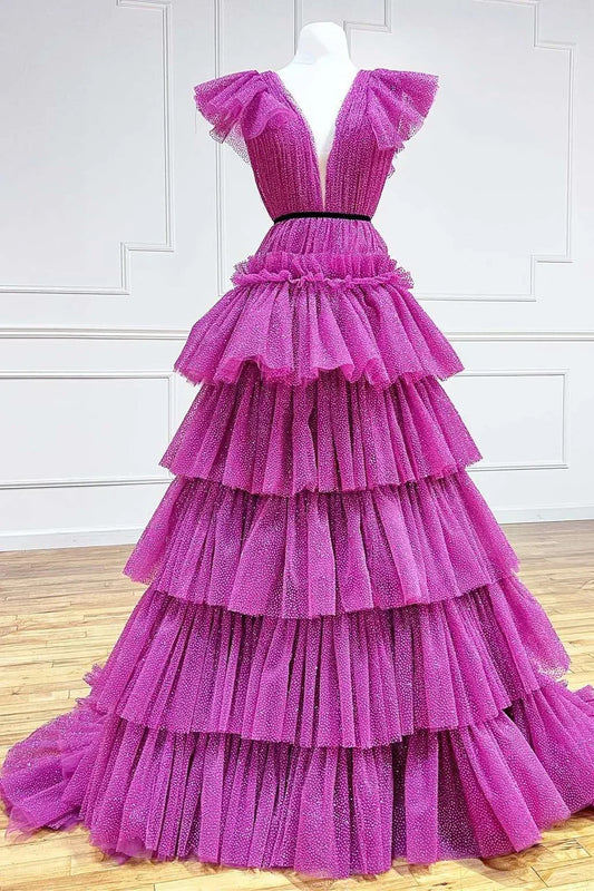 Multi Layer A-Line Deep V Neck Tiered Ball Gown with Ruffles