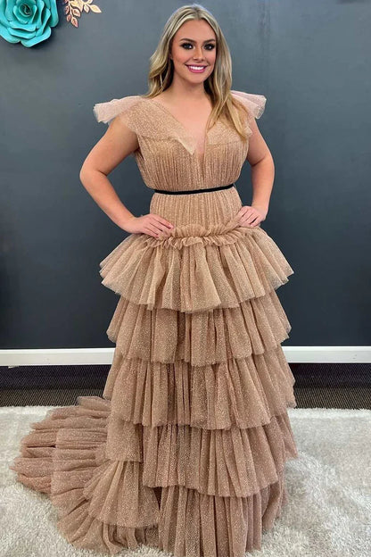 Multi Layer A-Line Deep V Neck Tiered Ball Gown with Ruffles
