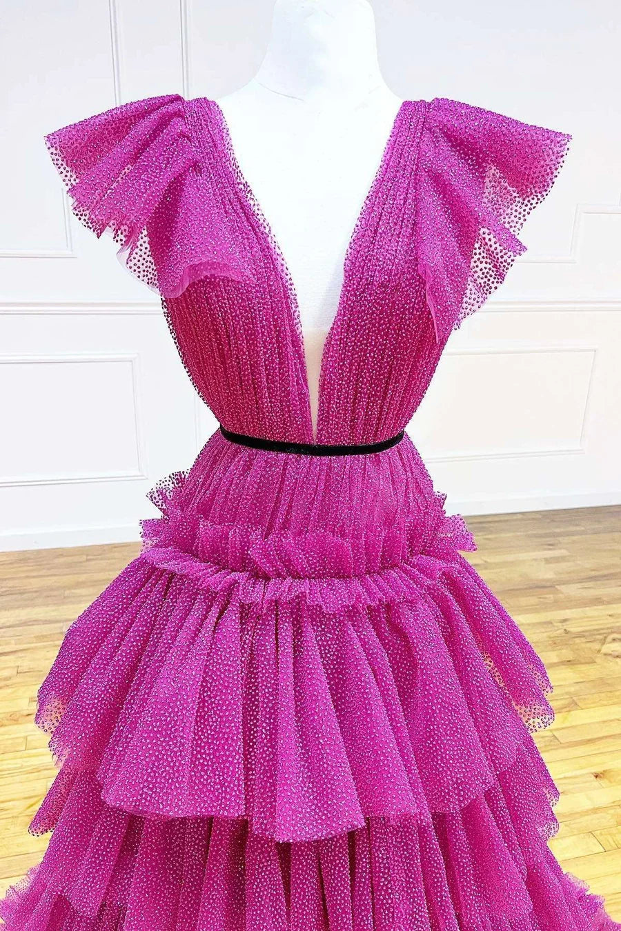 Multi Layer A-Line Deep V Neck Tiered Ball Gown with Ruffles