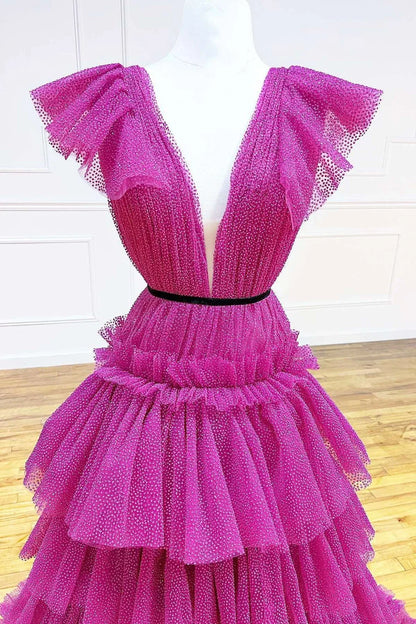 Multi Layer A-Line Deep V Neck Tiered Ball Gown with Ruffles