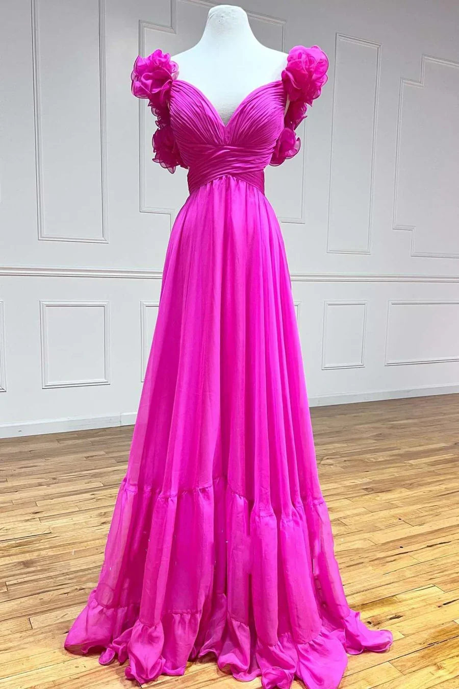 A-Line Chiffon Lace-Up Ruffle Belted Prom Dress
