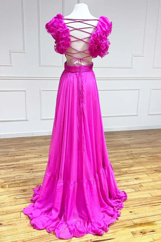 A-Line Chiffon Lace-Up Ruffle Belted Prom Dress