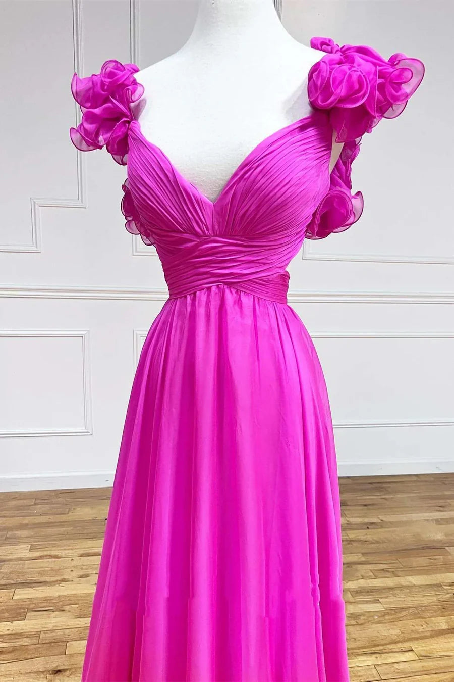 A-Line Chiffon Lace-Up Ruffle Belted Prom Dress