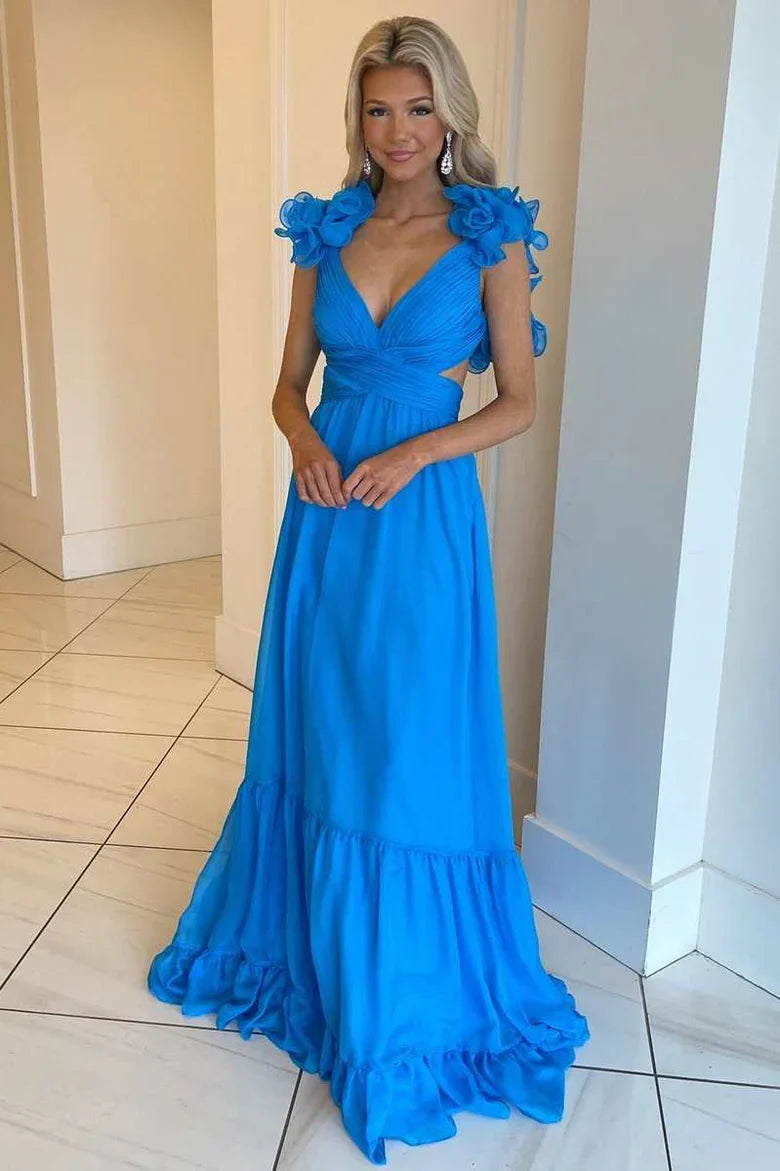 A-Line Chiffon Lace-Up Ruffle Belted Prom Dress