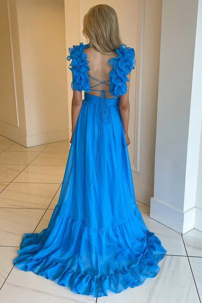 A-Line Chiffon Lace-Up Ruffle Belted Prom Dress
