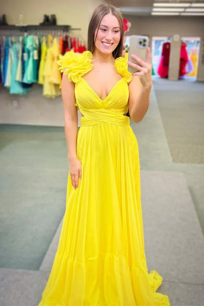 A-Line Chiffon Lace-Up Ruffle Belted Prom Dress