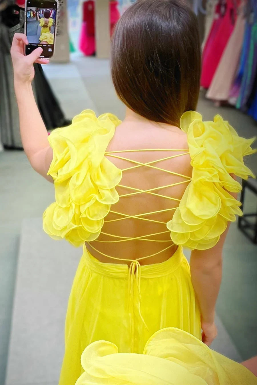 A-Line Chiffon Lace-Up Ruffle Belted Prom Dress