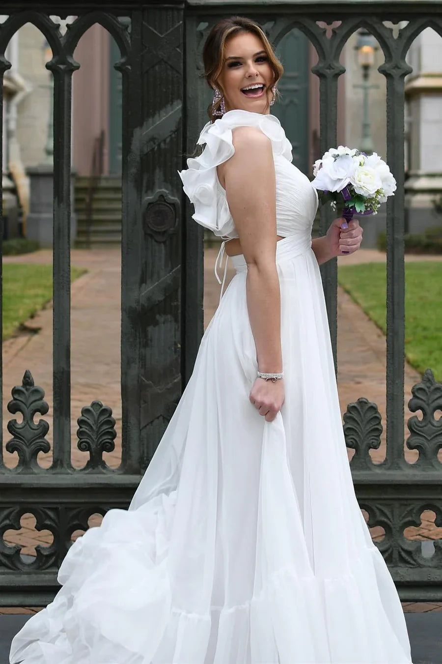 A-Line Chiffon Lace-Up Ruffle Belted Prom Dress