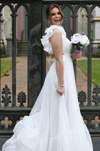 A-Line Chiffon Lace-Up Ruffle Belted Prom Dress