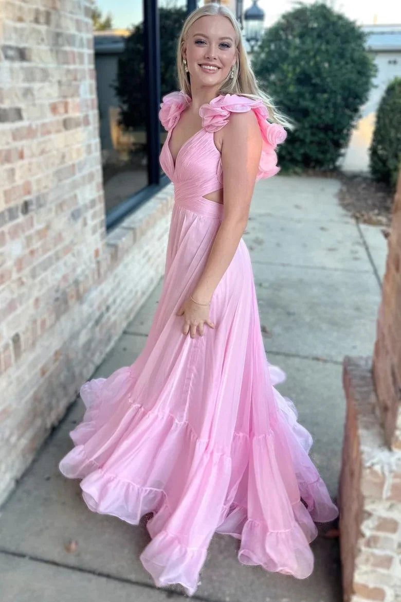 A-Line Chiffon Lace-Up Ruffle Belted Prom Dress