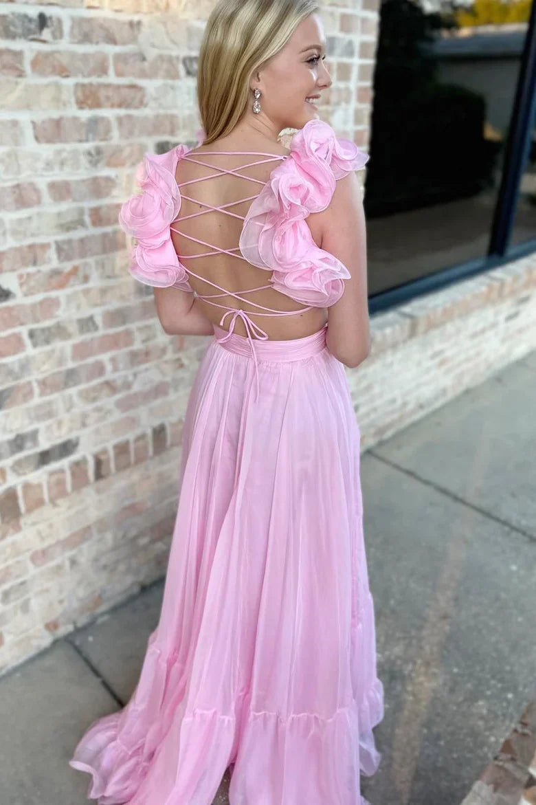A-Line Chiffon Lace-Up Ruffle Belted Prom Dress