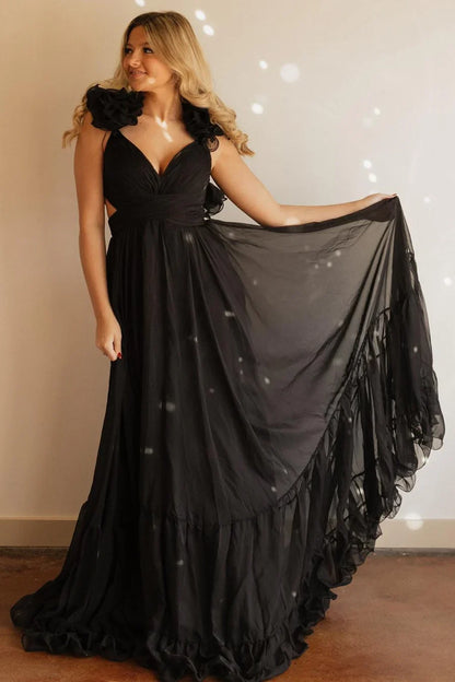 A-Line Chiffon Lace-Up Ruffle Belted Prom Dress