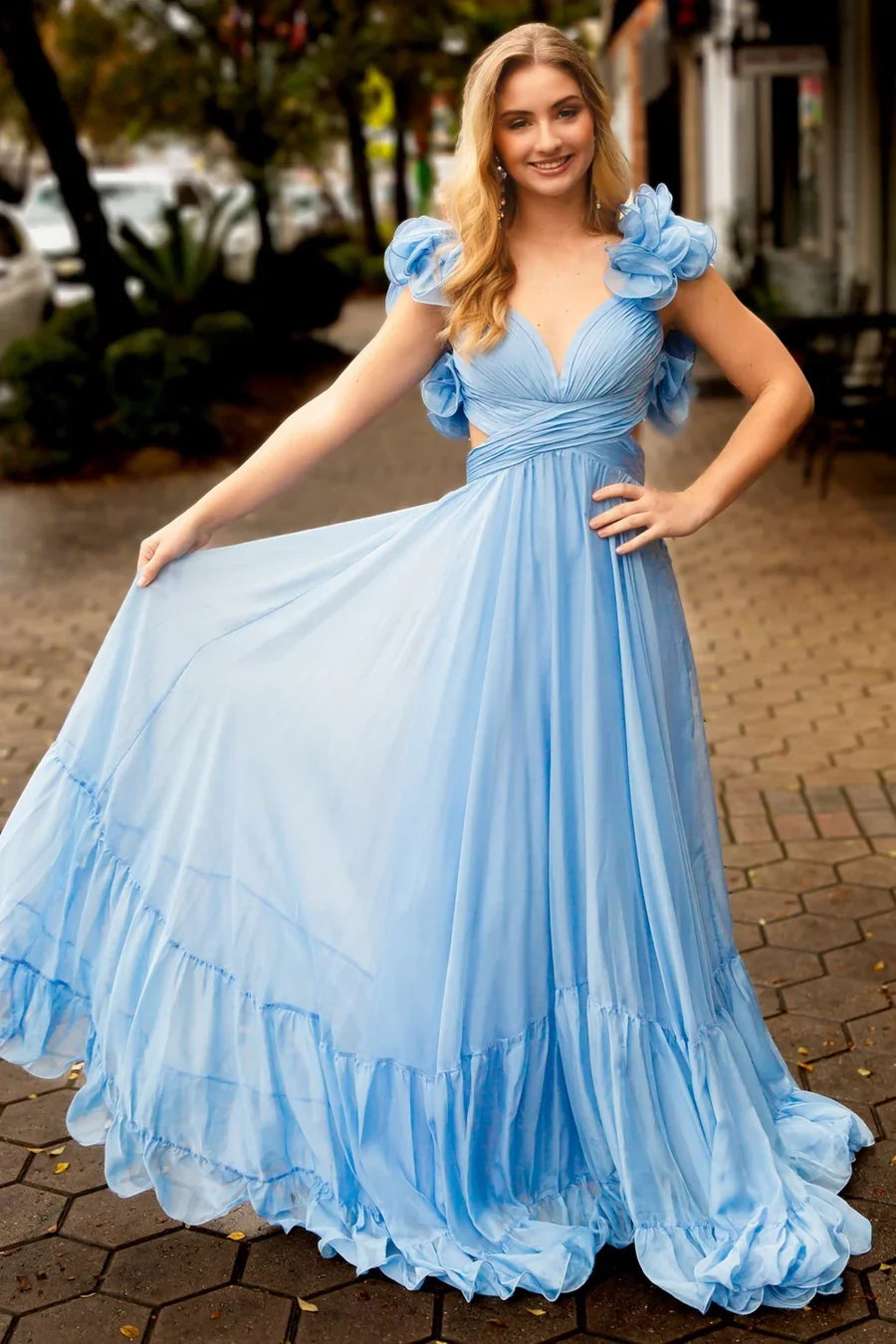 A-Line Chiffon Lace-Up Ruffle Belted Prom Dress