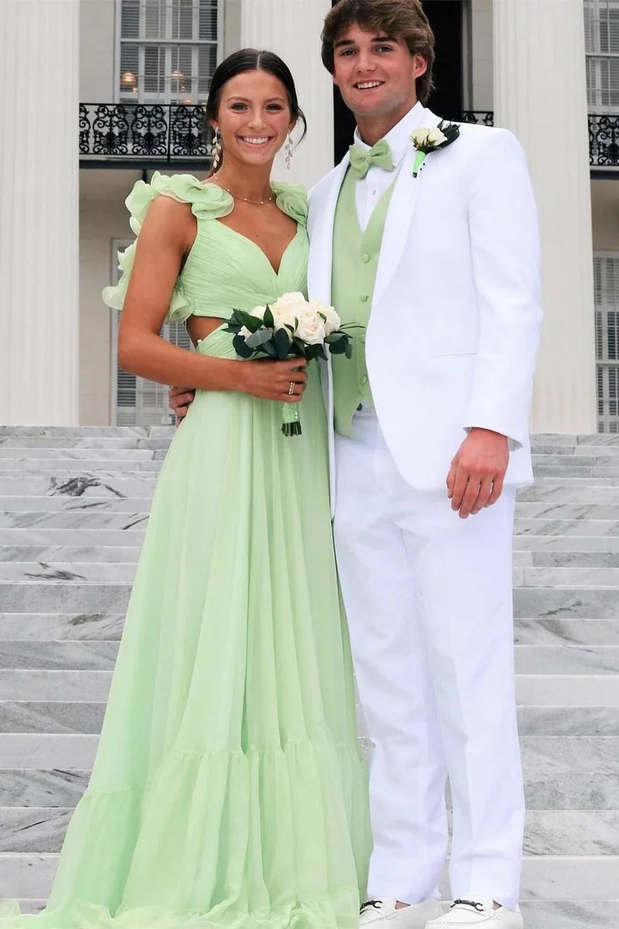 A-Line Chiffon Lace-Up Ruffle Belted Prom Dress