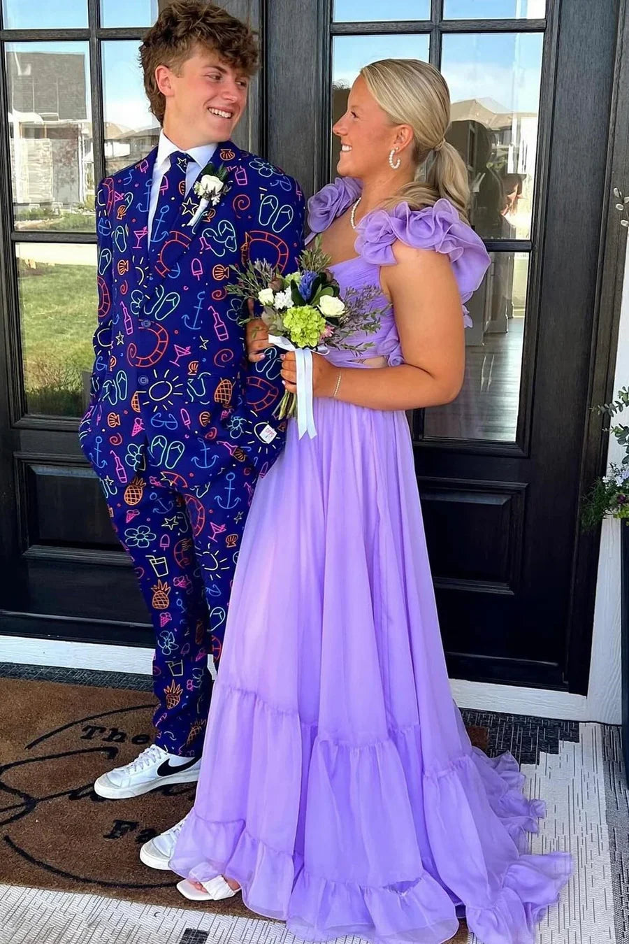 A-Line Chiffon Lace-Up Ruffle Belted Prom Dress