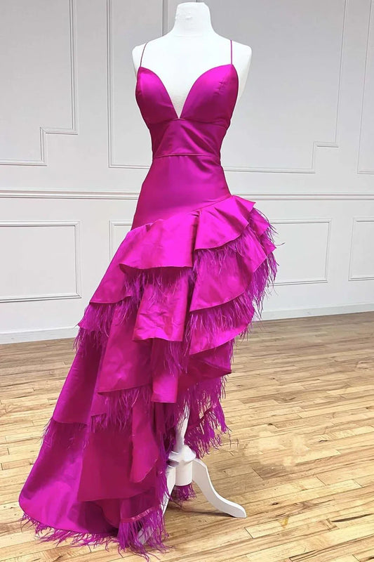 V-Neck High-Low Satin Feather Prom Dress