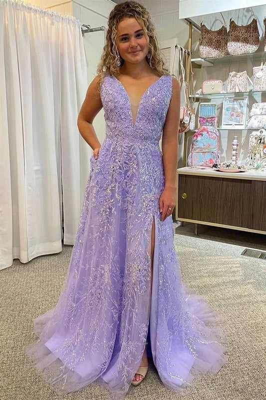 A-Line Floral Lace Deep V Neck Prom Dress