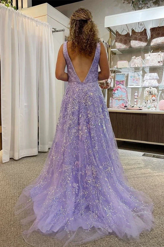 A-Line Floral Lace Deep V Neck Prom Dress