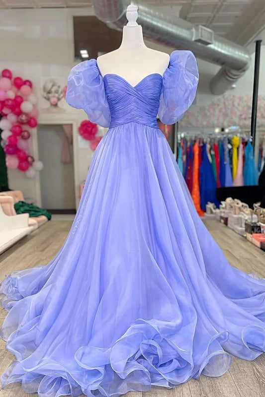 A-Line Strapless Prom Dress with Puff Sleeves