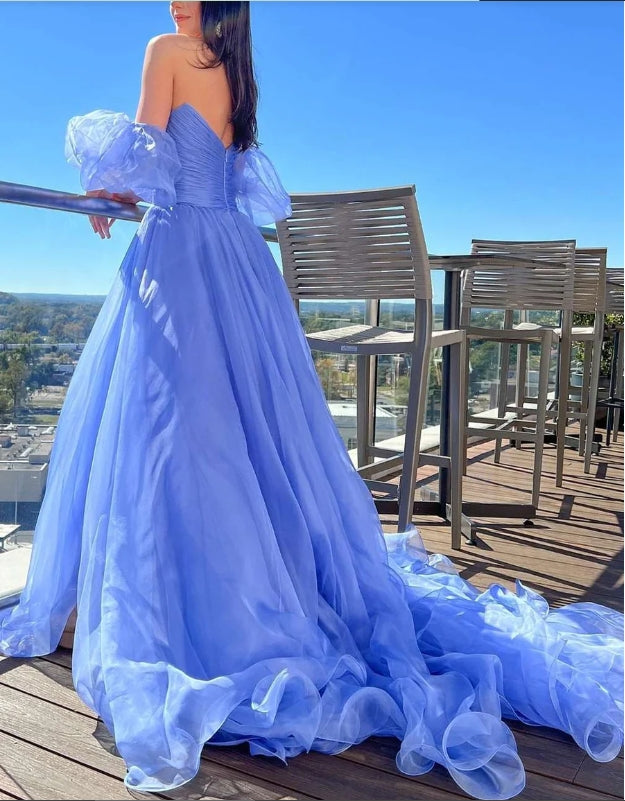 A-Line Strapless Prom Dress with Puff Sleeves