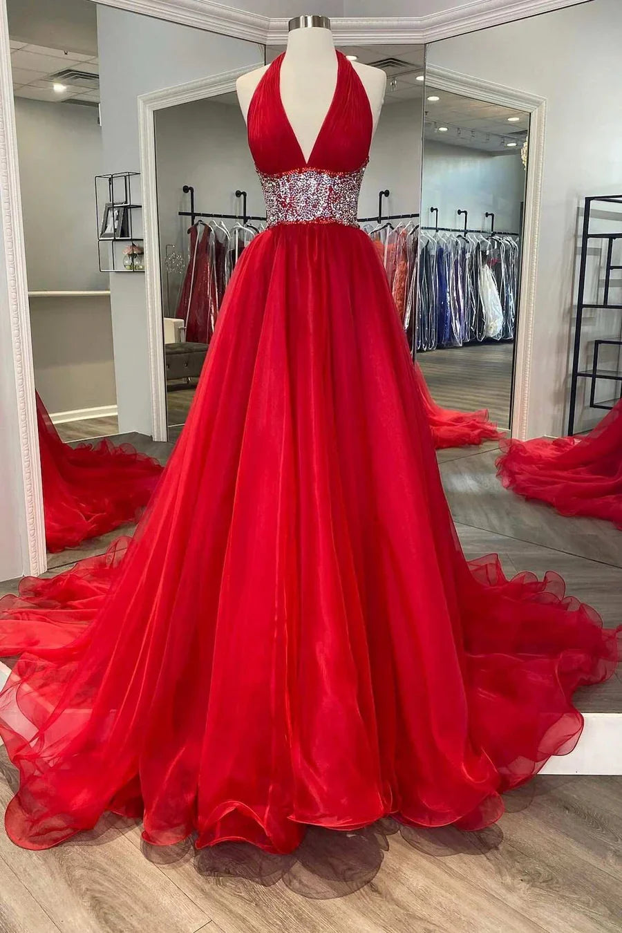 A-Line Beaded Halter Backless Prom Gown