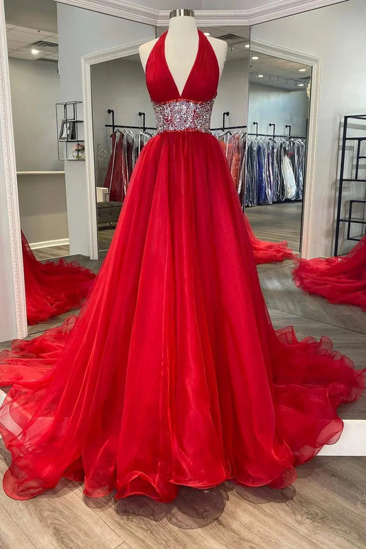 A-Line Beaded Halter Backless Prom Gown