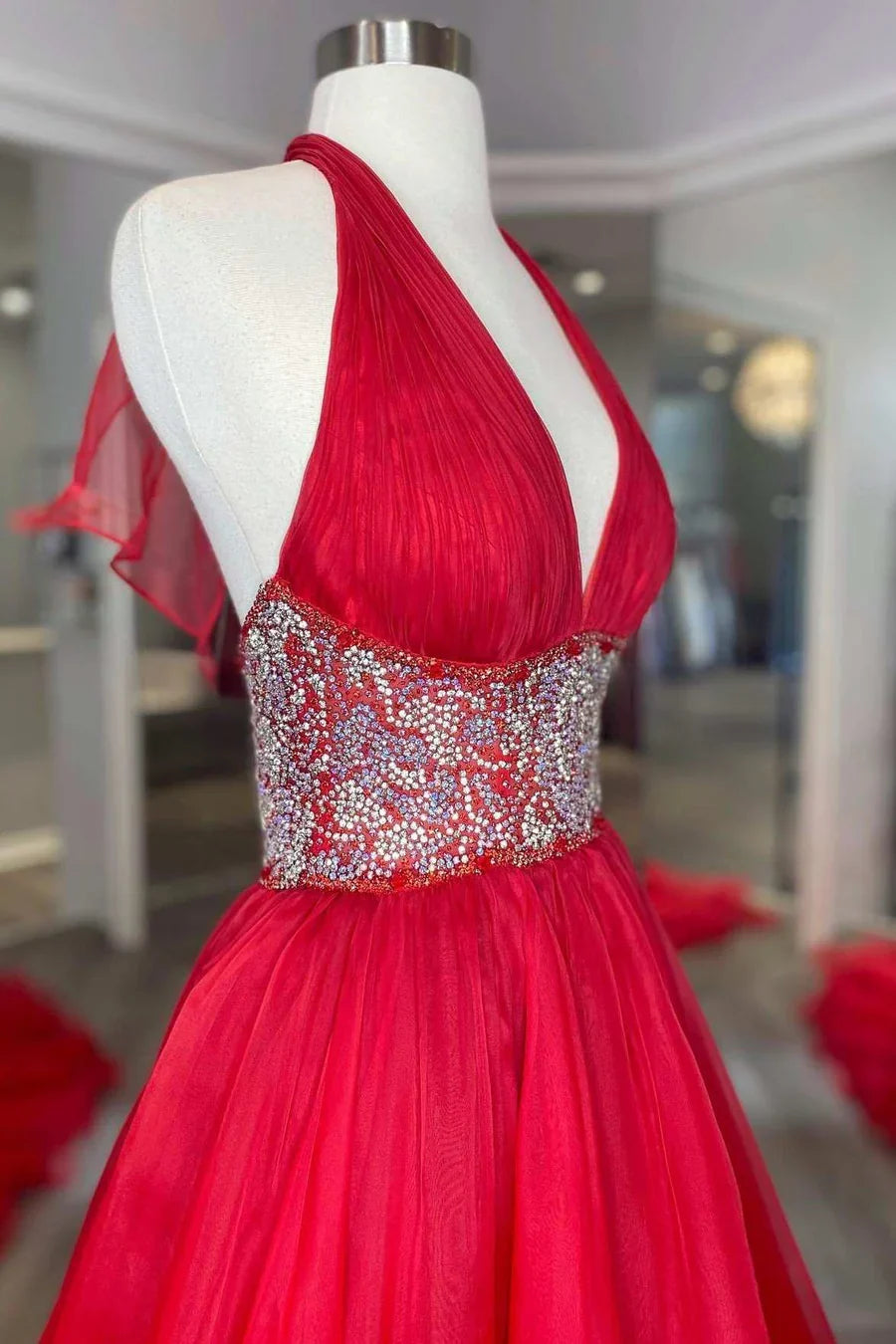 A-Line Beaded Halter Backless Prom Gown