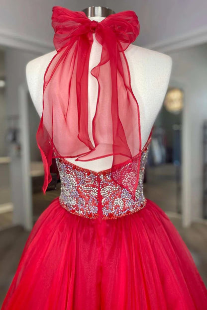 A-Line Beaded Halter Backless Prom Gown