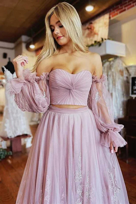 A-Line Two-Piece Strapless Prom Dress with Sleeves