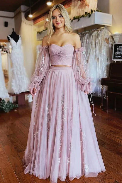 A-Line Two-Piece Strapless Prom Dress with Sleeves