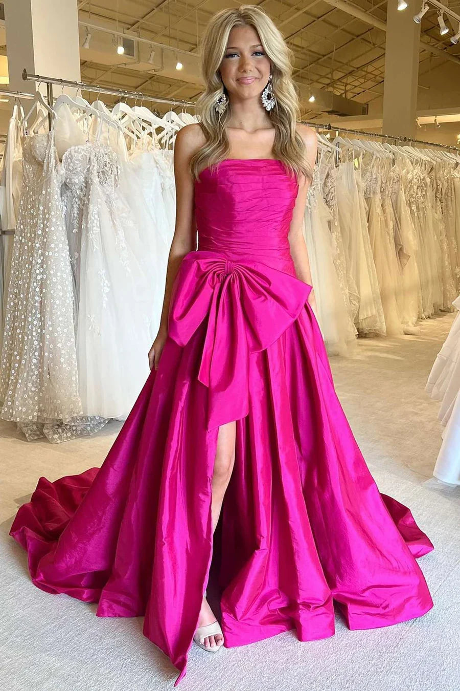 Off-the-Shoulder A-Line Strapless Slit Bow Prom Dress With Train
