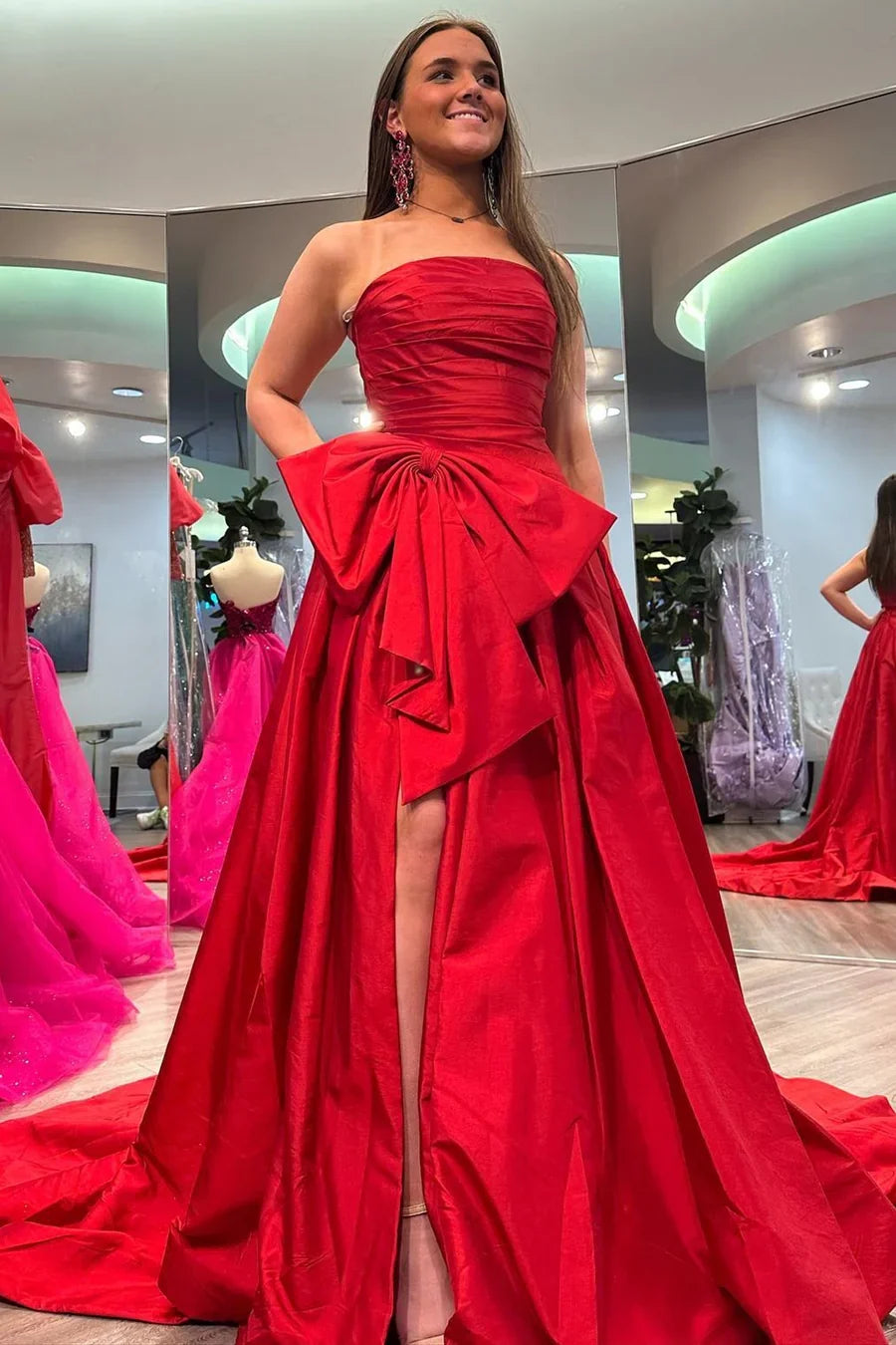 Off-the-Shoulder A-Line Strapless Slit Bow Prom Dress With Train