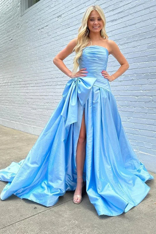 Off-the-Shoulder A-Line Strapless Slit Bow Prom Dress With Train
