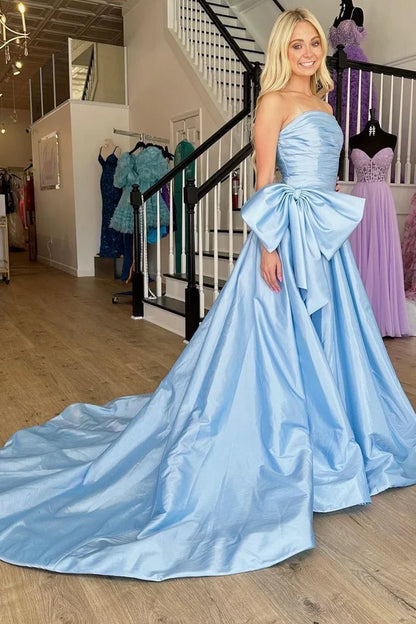 Off-the-Shoulder A-Line Strapless Slit Bow Prom Dress With Train