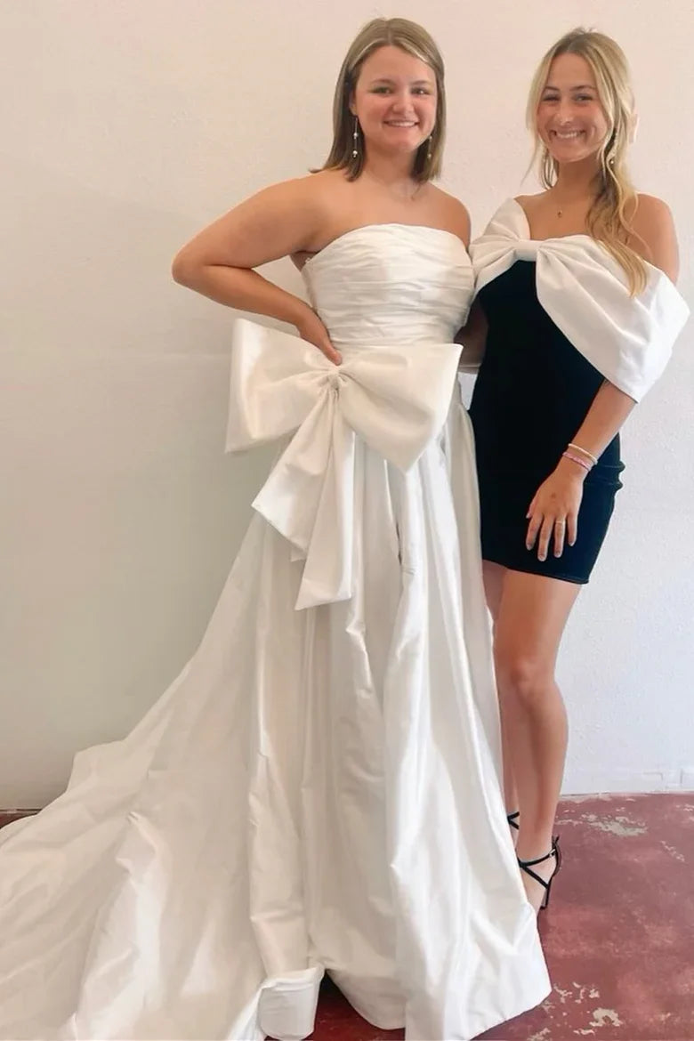 Off-the-Shoulder A-Line Strapless Slit Bow Prom Dress With Train