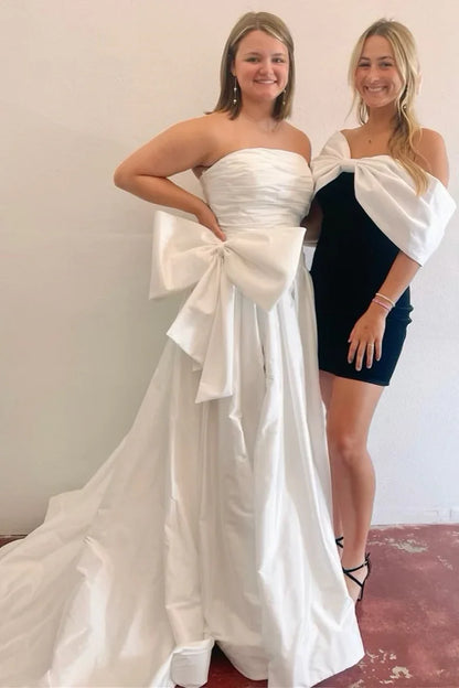 Off-the-Shoulder A-Line Strapless Slit Bow Prom Dress With Train