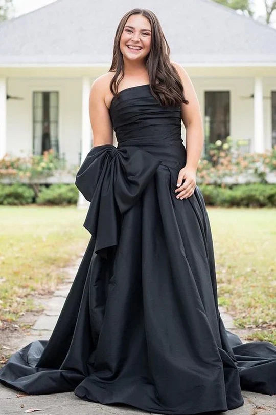 Off-the-Shoulder A-Line Strapless Slit Bow Prom Dress With Train