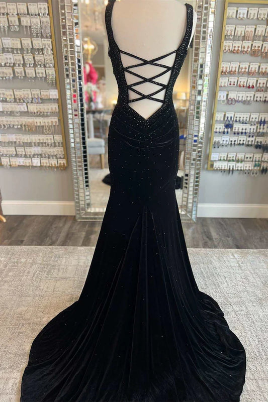 V-Neck Cutout Back Velvet Mermaid Prom Dress ﻿