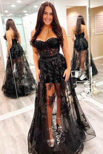 A-Line Sheer Mesh 3D Floral Lace Strapless Prom Dress