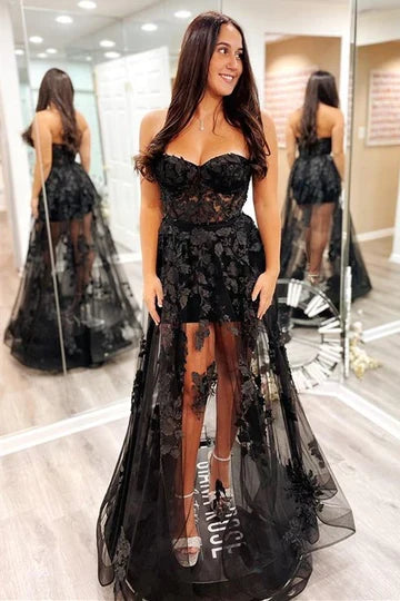 A-Line Sheer Mesh 3D Floral Lace Strapless Prom Dress