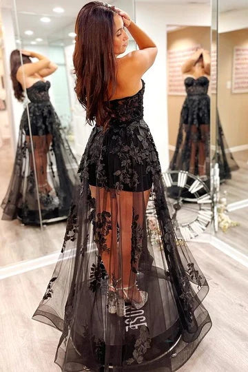 A-Line Sheer Mesh 3D Floral Lace Strapless Prom Dress