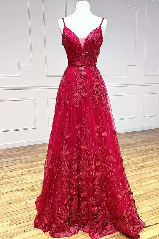 A-Line Floral Lace V-Neck Lace-Up Prom Dress