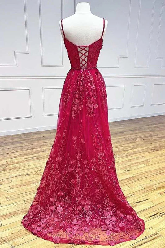 A-Line Floral Lace V-Neck Lace-Up Prom Dress