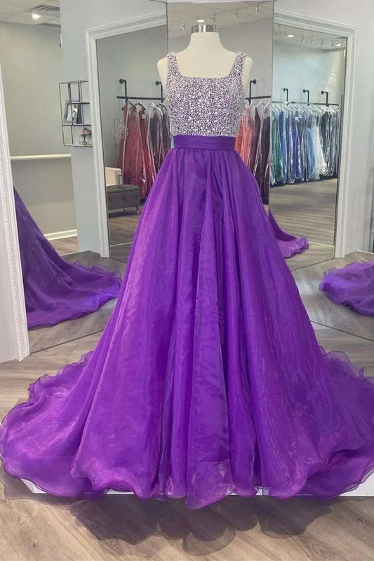 A-Line Beaded Square Neck Prom Dress