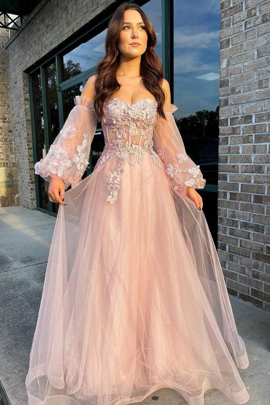 A-LineTulle Strapless Prom Dress with Balloon Sleeves