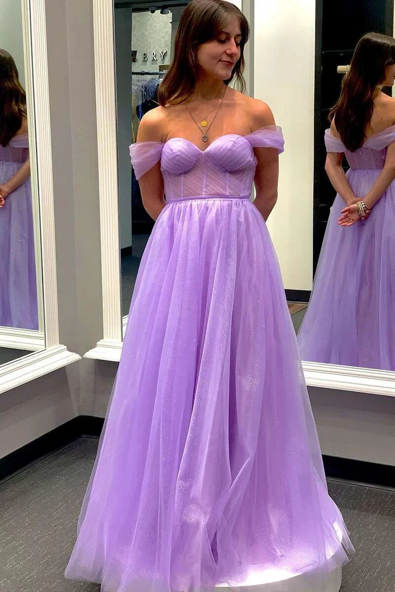 Tulle Floor Length A-Line Off-the-Shoulder Bustier Prom Dress