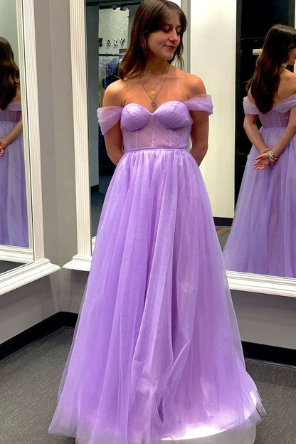Tulle Floor Length A-Line Off-the-Shoulder Bustier Prom Dress