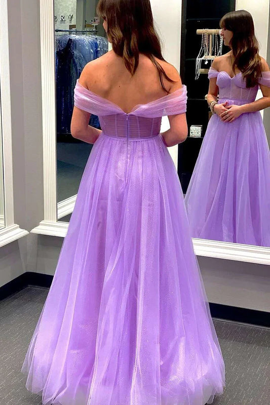Tulle Floor Length A-Line Off-the-Shoulder Bustier Prom Dress