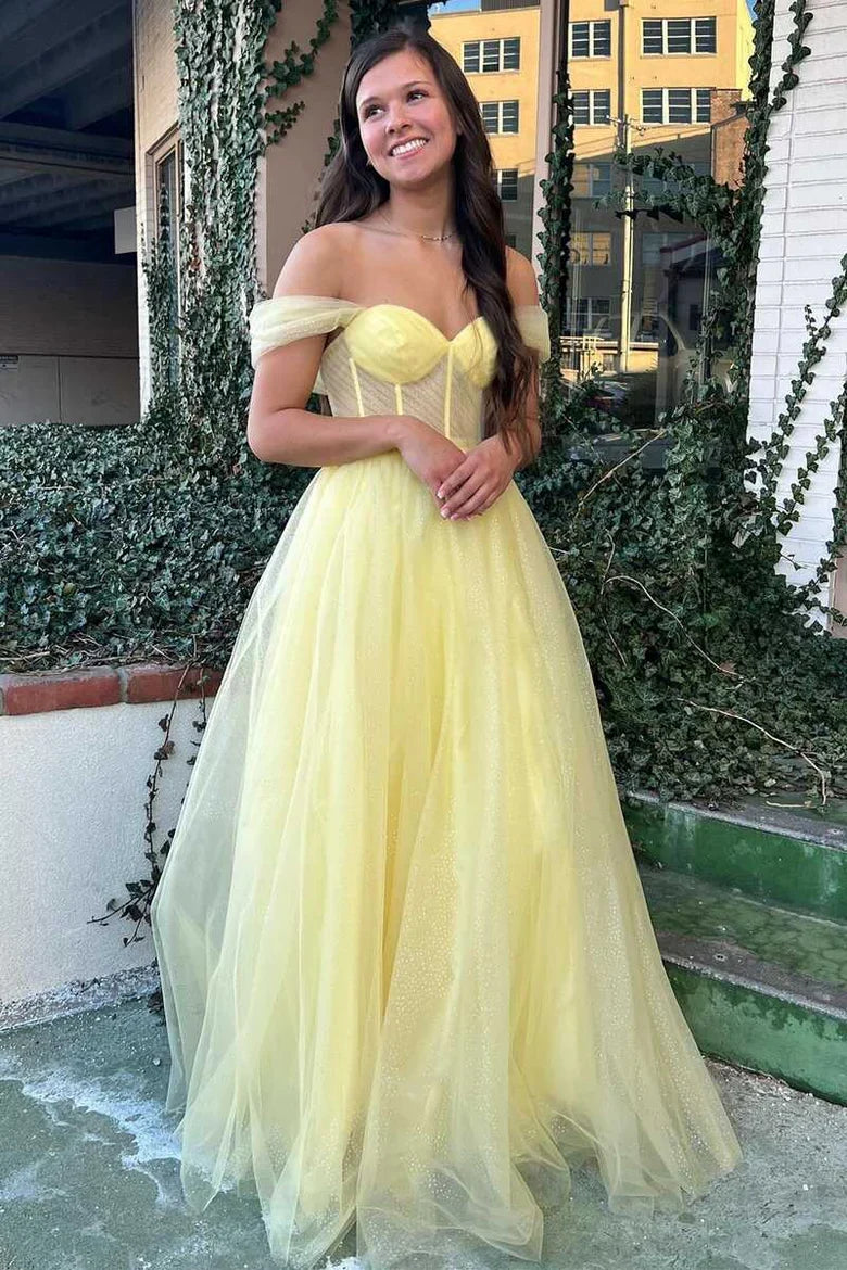Tulle Floor Length A-Line Off-the-Shoulder Bustier Prom Dress