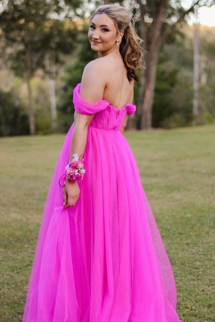 Tulle Floor Length A-Line Off-the-Shoulder Bustier Prom Dress